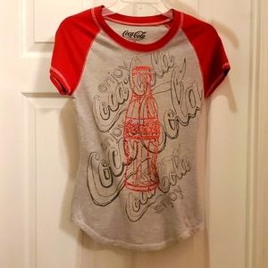 Coca Cola Heather Gray T-shirt Top with Red Short Sleeves & Sparkly Coke Bottle
